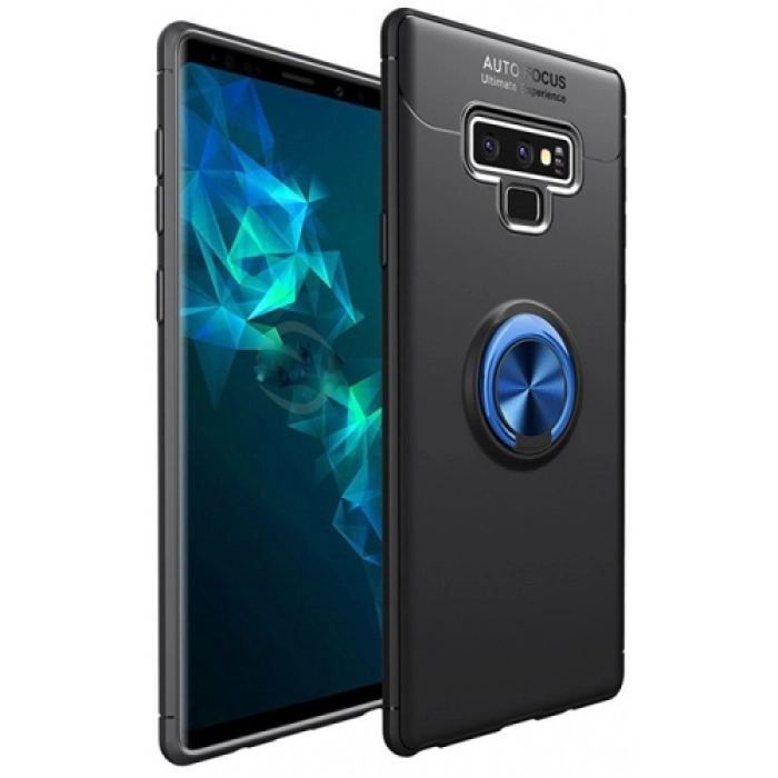 Samsung Galaxy Note 9 Kılıf Renkli Silikon Yüzüklü Standlı Auto Focus Ravel Kapak - Mavi - Siyah