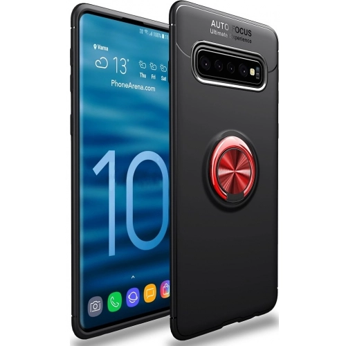 Samsung Galaxy S10 Kılıf Renkli Silikon Yüzüklü Standlı Auto Focus Ravel Kapak - Kırmızı - Siyah