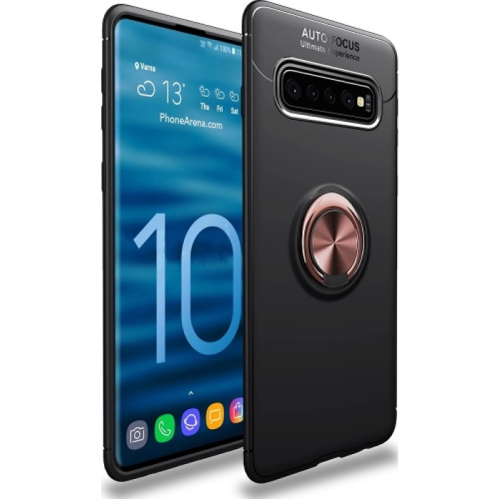 Samsung Galaxy S10 Kılıf Renkli Silikon Yüzüklü Standlı Auto Focus Ravel Kapak - Rose Gold