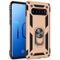 Samsung Galaxy S10 Kılıf Silikon Zırhlı Standlı Yüzüklü Mıknatıslı Tank Kapak - Gold