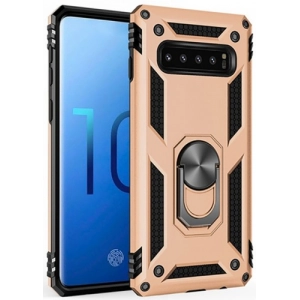 Samsung Galaxy S10 Kılıf Silikon Zırhlı Standlı Yüzüklü Mıknatıslı Tank Kapak - Gold