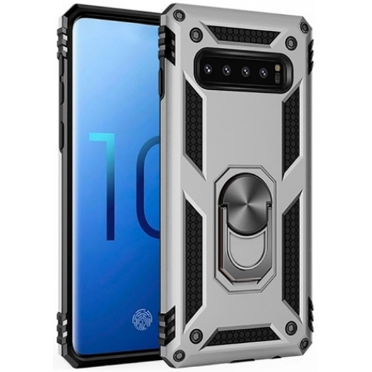 Samsung Galaxy S10 Kılıf Silikon Zırhlı Standlı Yüzüklü Mıknatıslı Tank Kapak - Gri