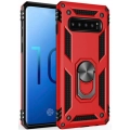 Samsung Galaxy S10 Kılıf Silikon Zırhlı Standlı Yüzüklü Mıknatıslı Tank Kapak - Kırmızı