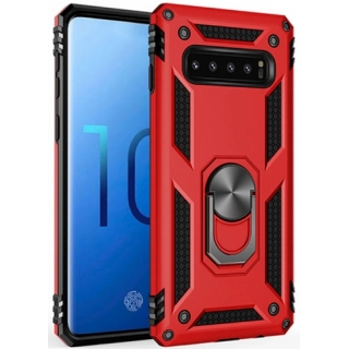 Samsung Galaxy S10 Kılıf Silikon Zırhlı Standlı Yüzüklü Mıknatıslı Tank Kapak - Kırmızı