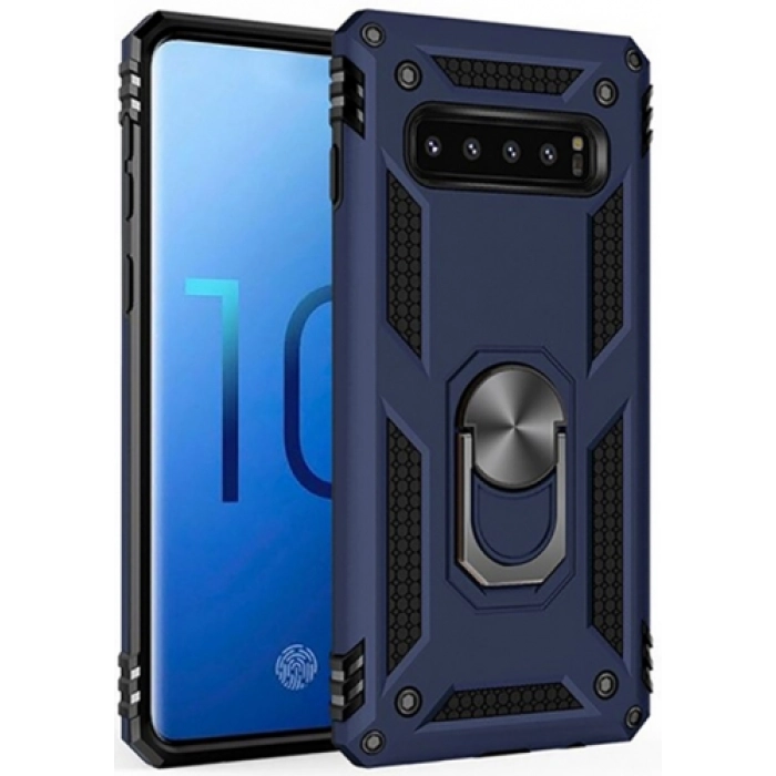 Samsung Galaxy S10 Kılıf Silikon Zırhlı Standlı Yüzüklü Mıknatıslı Tank Kapak - Lacivert