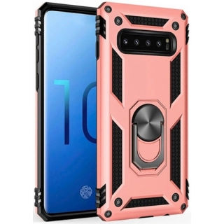 Samsung Galaxy S10 Kılıf Silikon Zırhlı Standlı Yüzüklü Mıknatıslı Tank Kapak - Rose Gold