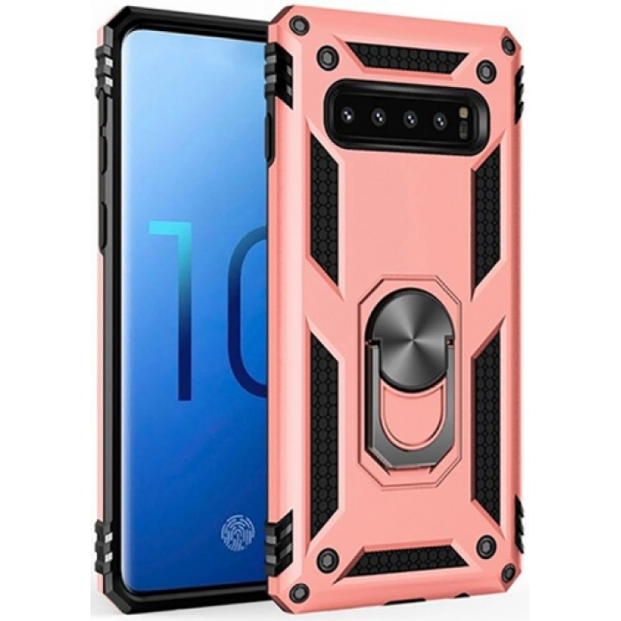 Samsung Galaxy S10 Kılıf Silikon Zırhlı Standlı Yüzüklü Mıknatıslı Tank Kapak - Rose Gold