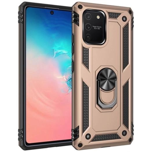Samsung Galaxy S10 Lite Kılıf Silikon Zırhlı Standlı Yüzüklü Mıknatıslı Tank Kapak - Gold