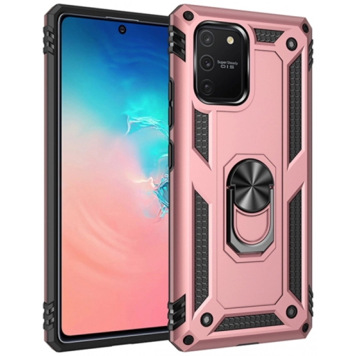Samsung Galaxy S10 Lite Kılıf Silikon Zırhlı Standlı Yüzüklü Mıknatıslı Tank Kapak - Rose Gold