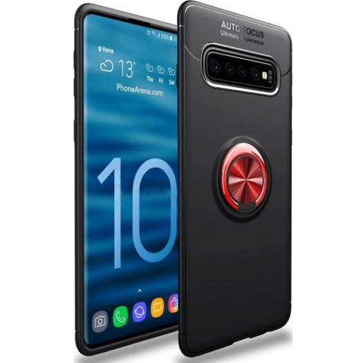 Samsung Galaxy S10 Plus Kılıf Renkli Silikon Yüzüklü Standlı Auto Focus Ravel Kapak - Kırmızı - Siyah