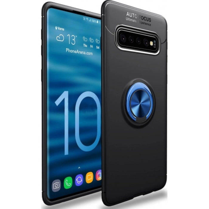 Samsung Galaxy S10 Plus Kılıf Renkli Silikon Yüzüklü Standlı Auto Focus Ravel Kapak - Mavi - Siyah