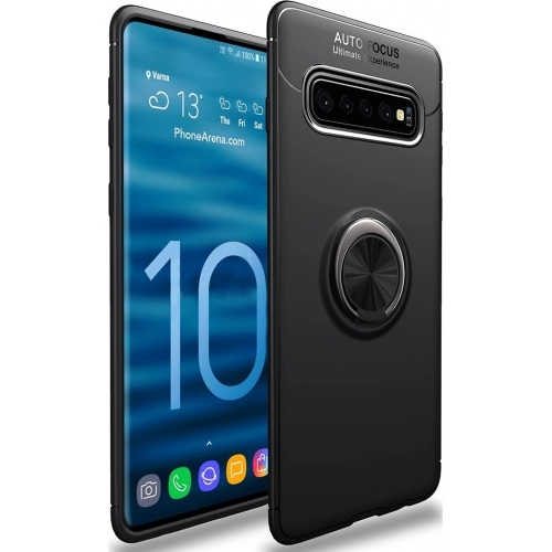 Samsung Galaxy S10 Plus Kılıf Renkli Silikon Yüzüklü Standlı Auto Focus Ravel Kapak - Siyah
