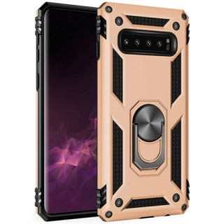 Samsung Galaxy S10 Plus Kılıf Silikon Zırhlı Standlı Yüzüklü Mıknatıslı Tank Kapak - Gold