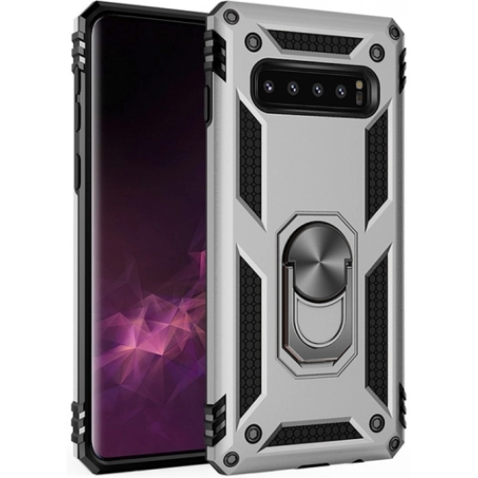 Samsung Galaxy S10 Plus Kılıf Silikon Zırhlı Standlı Yüzüklü Mıknatıslı Tank Kapak - Gri