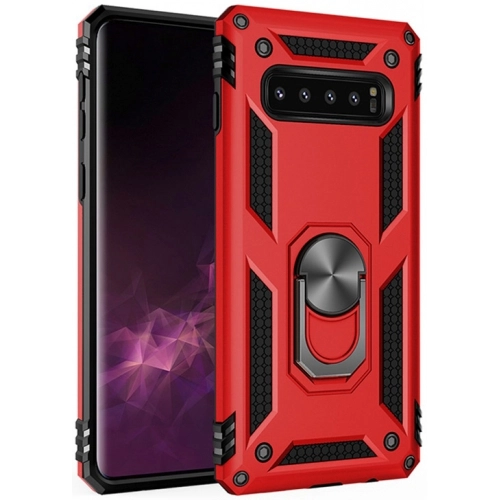 Samsung Galaxy S10 Plus Kılıf Silikon Zırhlı Standlı Yüzüklü Mıknatıslı Tank Kapak - Kırmızı