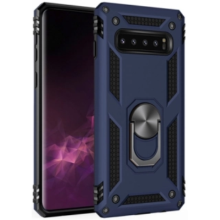 Samsung Galaxy S10 Plus Kılıf Silikon Zırhlı Standlı Yüzüklü Mıknatıslı Tank Kapak - Lacivert