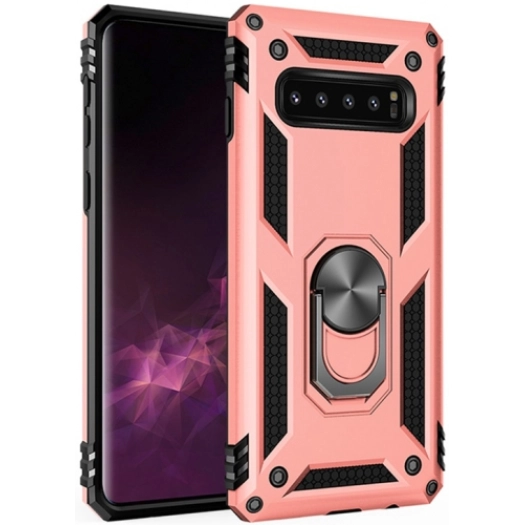 Samsung Galaxy S10 Plus Kılıf Silikon Zırhlı Standlı Yüzüklü Mıknatıslı Tank Kapak - Rose Gold