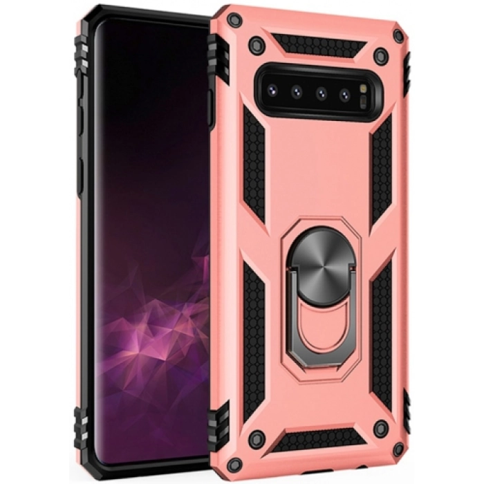 Samsung Galaxy S10 Plus Kılıf Silikon Zırhlı Standlı Yüzüklü Mıknatıslı Tank Kapak - Rose Gold