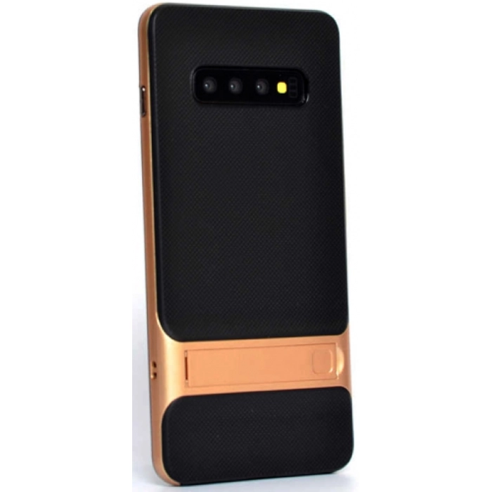 Samsung Galaxy S10 Plus Kılıf Tam Koruma İnce Standlı Esnek Verüs Silikon - Gold