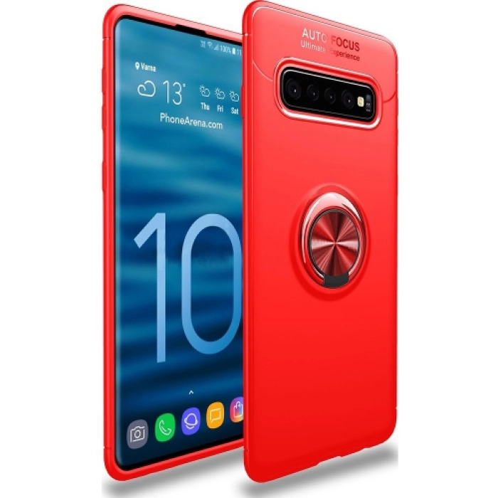Samsung Galaxy S10e Kılıf Renkli Silikon Yüzüklü Standlı Auto Focus Ravel Kapak - Kırmızı