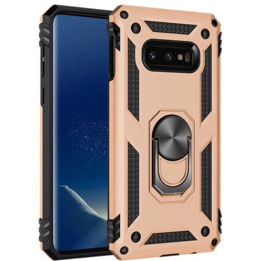 Samsung Galaxy S10e Kılıf Silikon Zırhlı Standlı Yüzüklü Mıknatıslı Tank Kapak - Gold