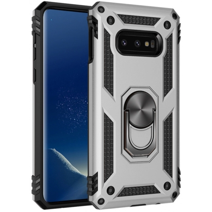 Samsung Galaxy S10e Kılıf Silikon Zırhlı Standlı Yüzüklü Mıknatıslı Tank Kapak - Gri