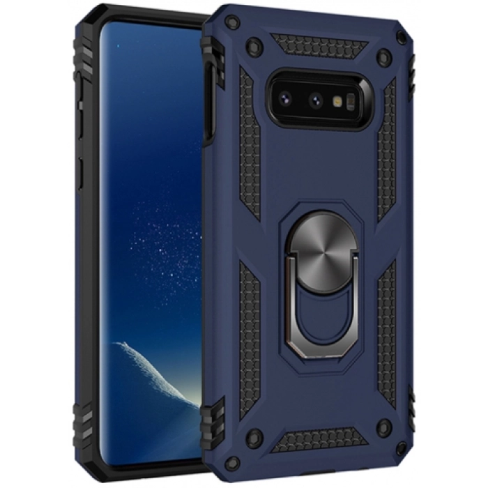 Samsung Galaxy S10e Kılıf Silikon Zırhlı Standlı Yüzüklü Mıknatıslı Tank Kapak - Lacivert