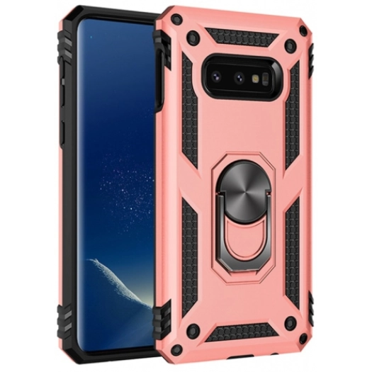 Samsung Galaxy S10e Kılıf Silikon Zırhlı Standlı Yüzüklü Mıknatıslı Tank Kapak - Rose Gold