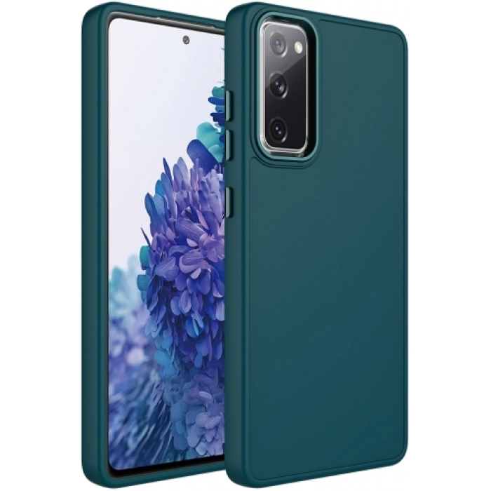Samsung Galaxy S20 FE Kılıf Metal Çerçeve ve Buton Tasarımlı Silikon Kapak - Koyu Yeşil