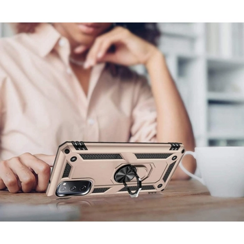 Samsung Galaxy S20 FE Kılıf Silikon Zırhlı Standlı Yüzüklü Mıknatıslı Tank Kapak - Gold