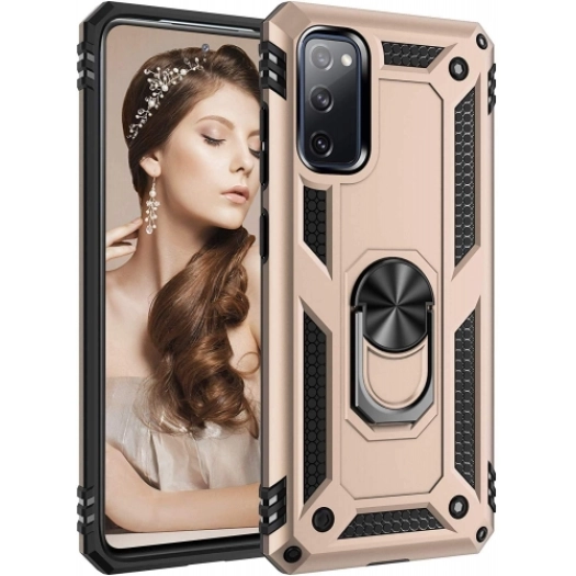Samsung Galaxy S20 FE Kılıf Silikon Zırhlı Standlı Yüzüklü Mıknatıslı Tank Kapak - Gold