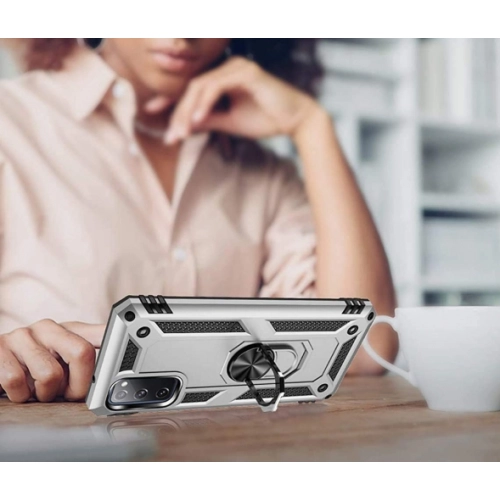 Samsung Galaxy S20 FE Kılıf Silikon Zırhlı Standlı Yüzüklü Mıknatıslı Tank Kapak - Gri