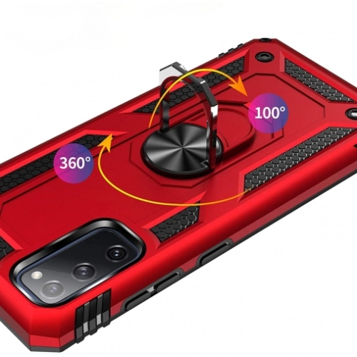 Samsung Galaxy S20 FE Kılıf Silikon Zırhlı Standlı Yüzüklü Mıknatıslı Tank Kapak - Kırmızı
