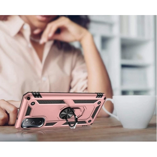 Samsung Galaxy S20 FE Kılıf Silikon Zırhlı Standlı Yüzüklü Mıknatıslı Tank Kapak - Rose Gold