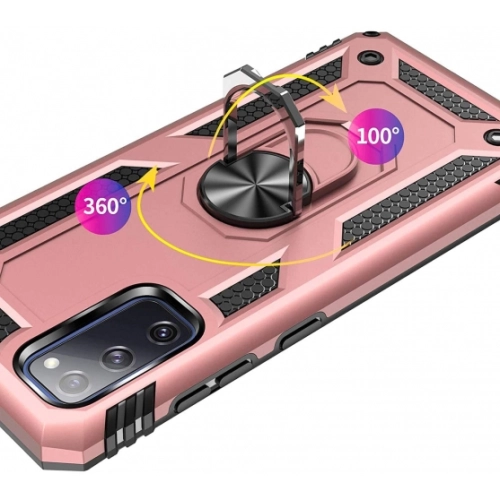 Samsung Galaxy S20 FE Kılıf Silikon Zırhlı Standlı Yüzüklü Mıknatıslı Tank Kapak - Rose Gold