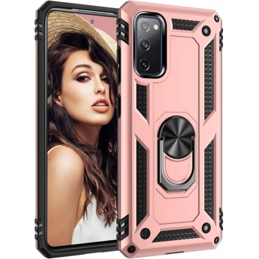 Samsung Galaxy S20 FE Kılıf Silikon Zırhlı Standlı Yüzüklü Mıknatıslı Tank Kapak - Rose Gold