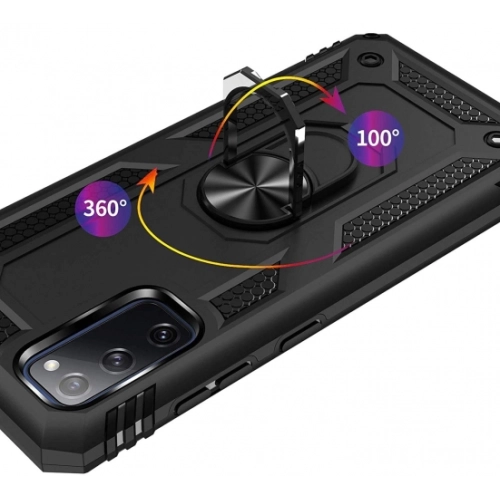 Samsung Galaxy S20 FE Kılıf Silikon Zırhlı Standlı Yüzüklü Mıknatıslı Tank Kapak - Siyah