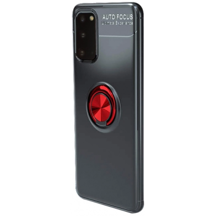 Samsung Galaxy S20 Kılıf Renkli Silikon Yüzüklü Standlı Auto Focus Ravel Kapak - Kırmızı - Siyah