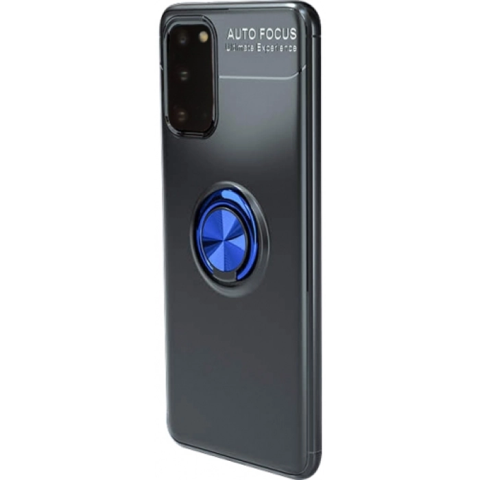 Samsung Galaxy S20 Kılıf Renkli Silikon Yüzüklü Standlı Auto Focus Ravel Kapak - Mavi - Siyah