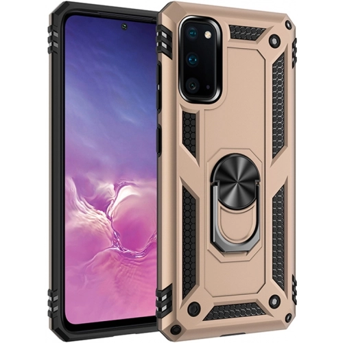 Samsung Galaxy S20 Kılıf Silikon Zırhlı Standlı Yüzüklü Mıknatıslı Tank Kapak - Gold