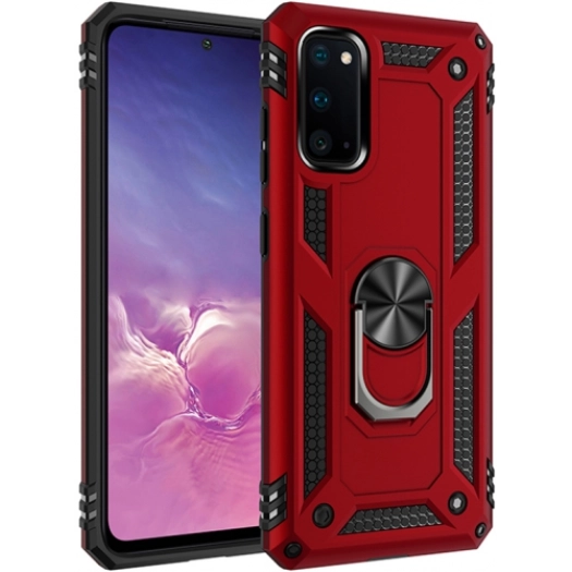 Samsung Galaxy S20 Kılıf Silikon Zırhlı Standlı Yüzüklü Mıknatıslı Tank Kapak - Kırmızı