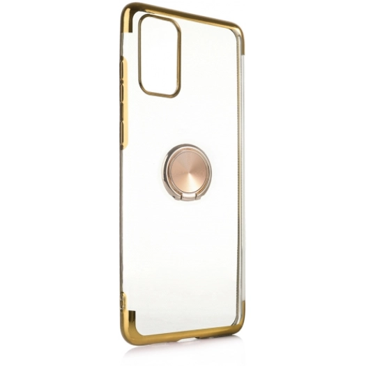 Samsung Galaxy S20 Plus Kılıf Renkli Köşeli Yüzüklü Standlı Lazer Şeffaf Esnek Silikon - Gold