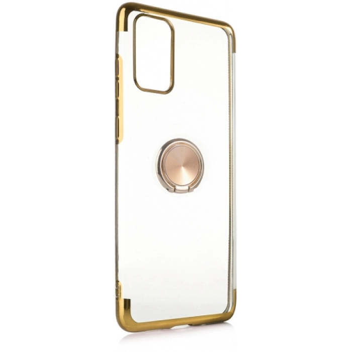 Samsung Galaxy S20 Plus Kılıf Renkli Köşeli Yüzüklü Standlı Lazer Şeffaf Esnek Silikon - Gold