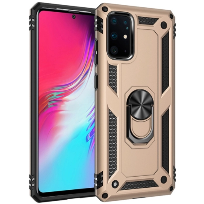 Samsung Galaxy S20 Plus Kılıf Silikon Zırhlı Standlı Yüzüklü Mıknatıslı Tank Kapak - Gold