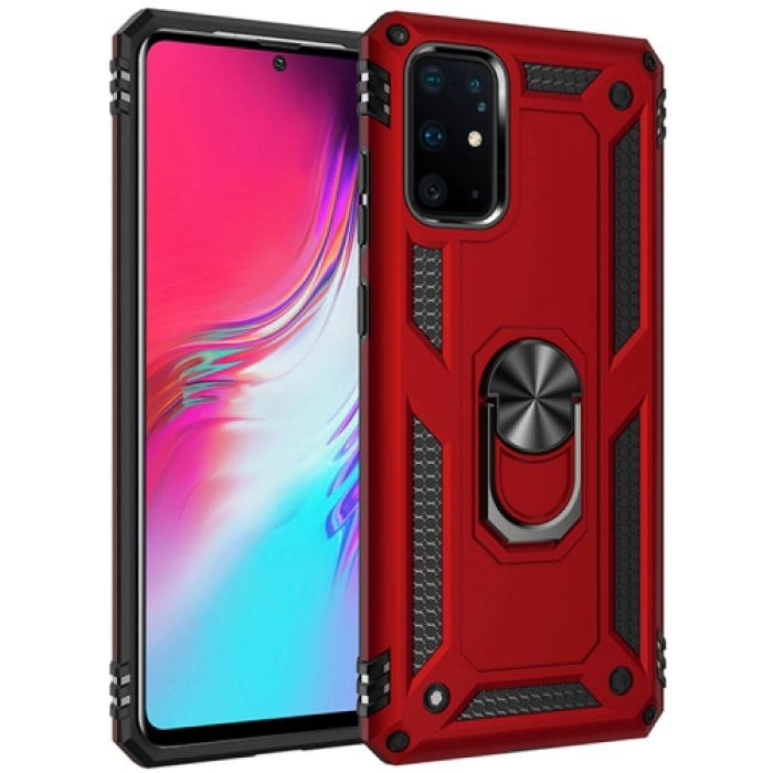 Samsung Galaxy S20 Plus Kılıf Silikon Zırhlı Standlı Yüzüklü Mıknatıslı Tank Kapak - Kırmızı