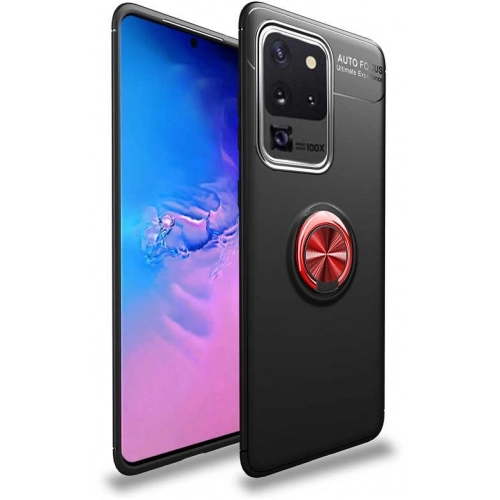 Samsung Galaxy S20 Ultra Kılıf Renkli Silikon Yüzüklü Standlı Auto Focus Ravel Kapak - Kırmızı - Siyah