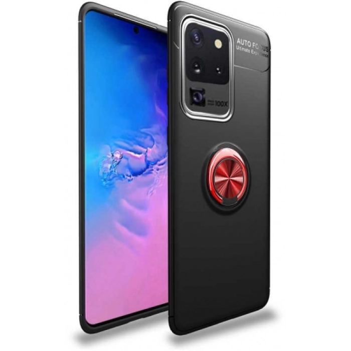 Samsung Galaxy S20 Ultra Kılıf Renkli Silikon Yüzüklü Standlı Auto Focus Ravel Kapak - Kırmızı - Siyah