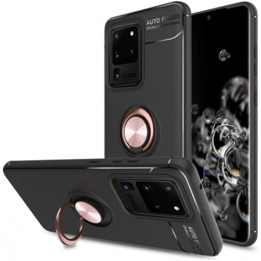 Samsung Galaxy S20 Ultra Kılıf Renkli Silikon Yüzüklü Standlı Auto Focus Ravel Kapak - Rose Gold