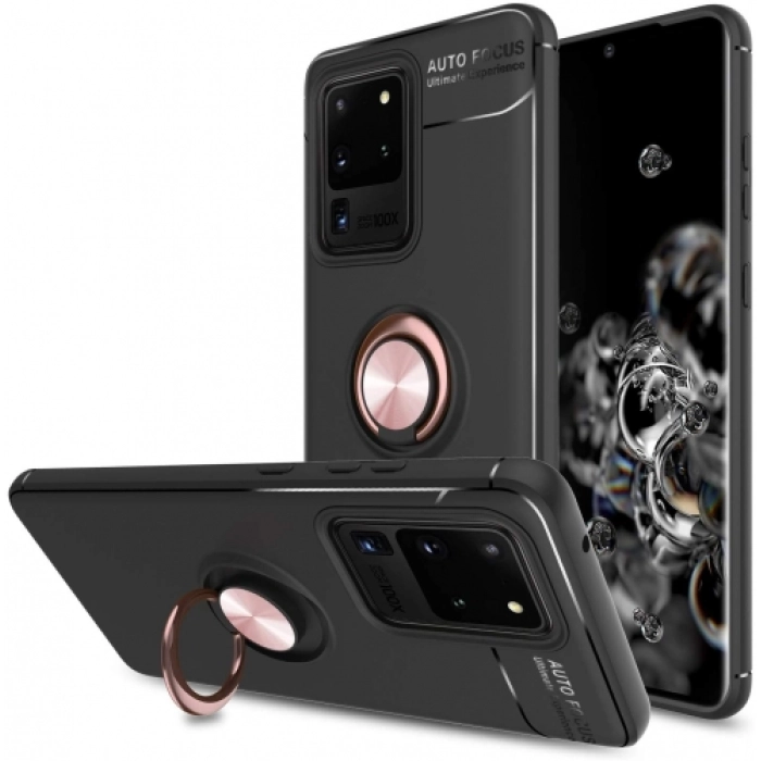 Samsung Galaxy S20 Ultra Kılıf Renkli Silikon Yüzüklü Standlı Auto Focus Ravel Kapak - Rose Gold