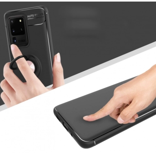 Samsung Galaxy S20 Ultra Kılıf Renkli Silikon Yüzüklü Standlı Auto Focus Ravel Kapak - Siyah